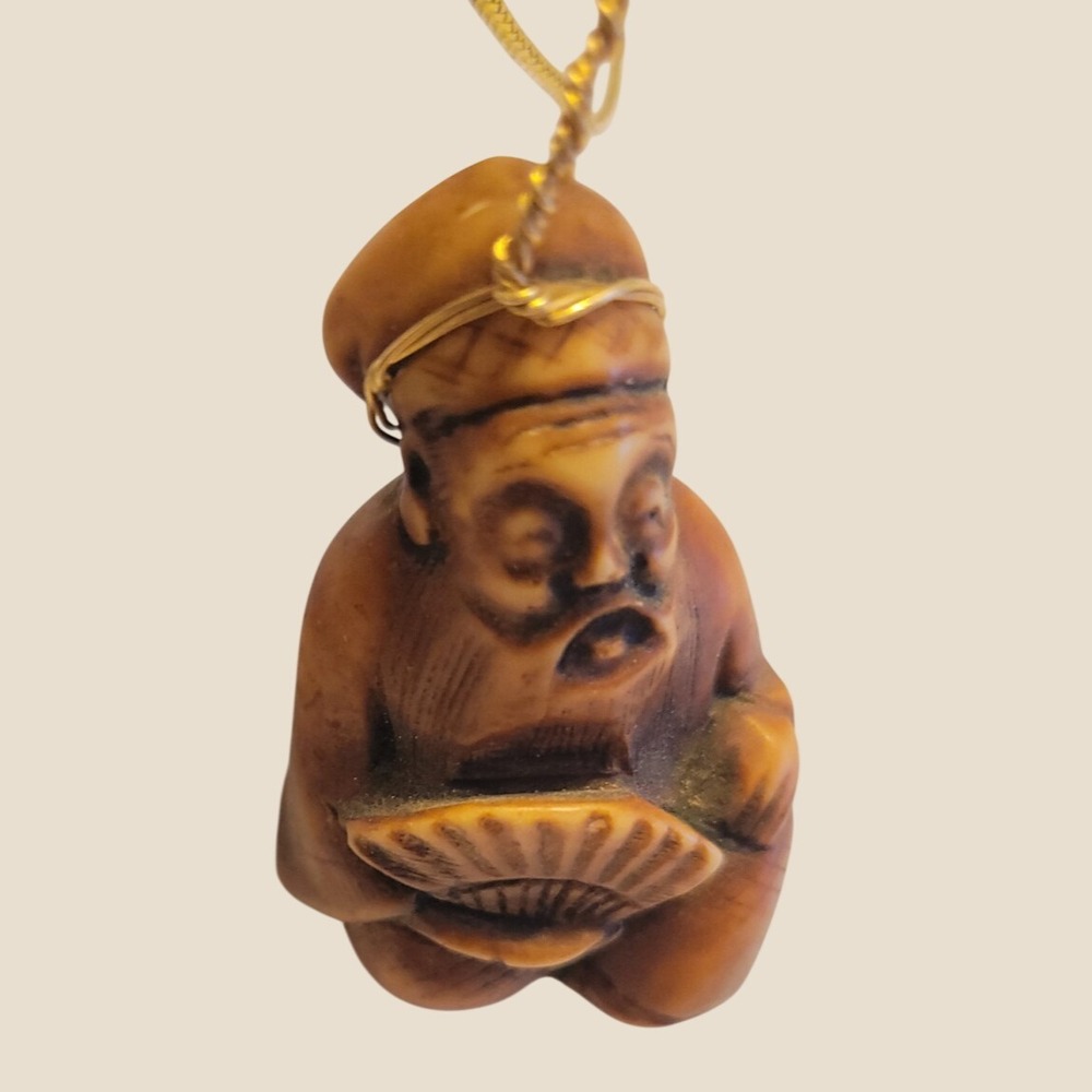 Vintage Asian Tribal Carved Figural Folk Art Necklace Pendant Brown Tan